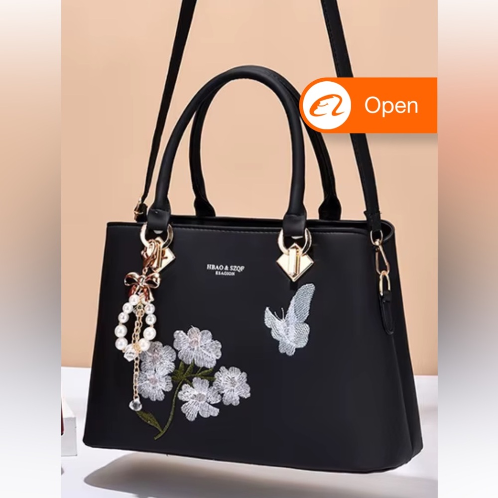 Black Faux Leather Crossbody Purse Embroidered butterfly pearl and flower